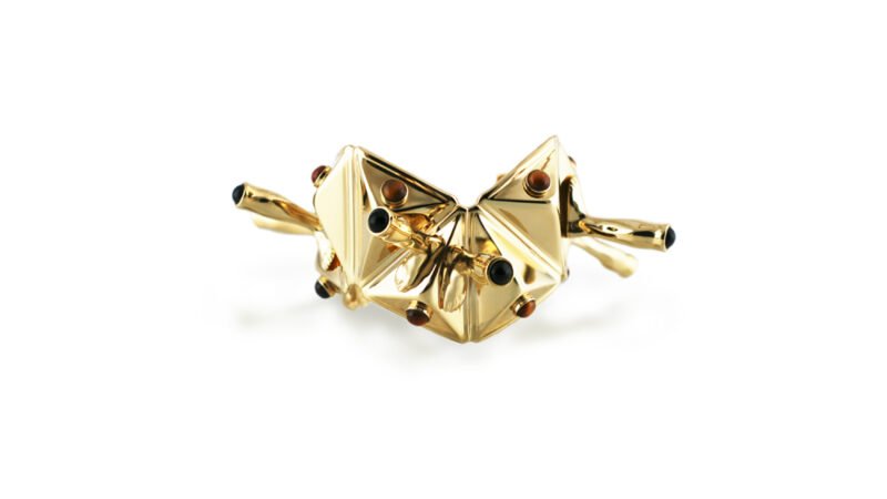 Gold plated sculptural cuff Condensed Field from MILIUS Act IV Accumulation by Milan Stamenovic, deep relief contemporary jewellery