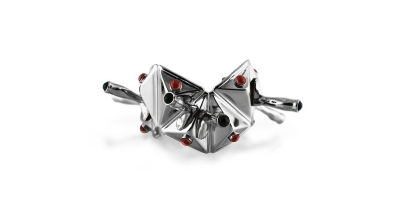 Palladium plated sculptural cuff Condensed Field from MILIUS Act IV Accumulation by Milan Stamenovic, contemporary jewellery in deep relief
