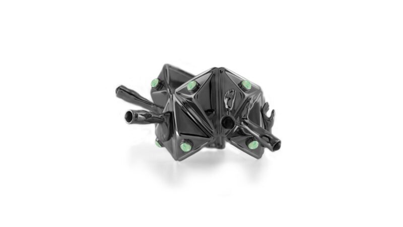 Ruthenium plated sculptural cuff Condensed Field from MILIUS Act IV Accumulation by Milan Stamenovic, dark architectural jewellery form