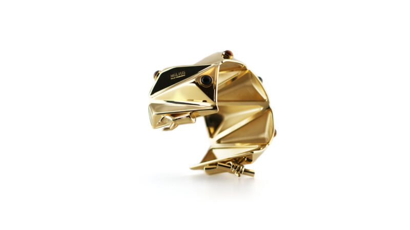 Gold plated twin sculptural cuff Counterweight from MILIUS Act IV Accumulation by Milan Stamenovic, deep relief statement jewellery