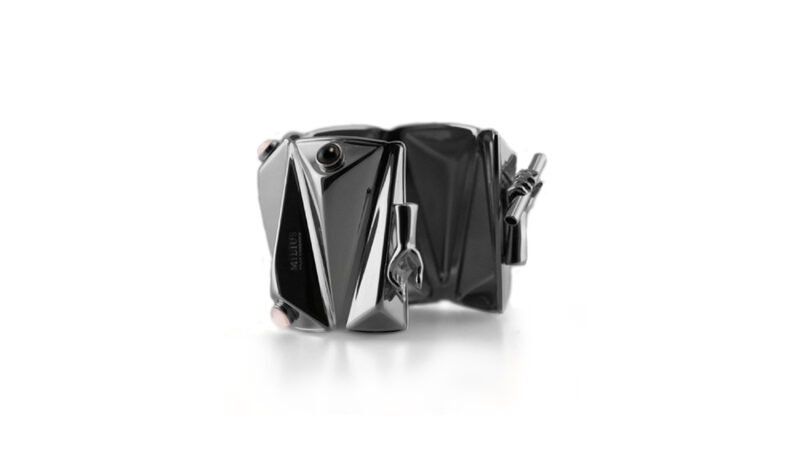 Ruthenium plated twin sculptural cuff Counterweight from MILIUS Act IV Accumulation by Milan Stamenovic, dark architectural jewellery form
