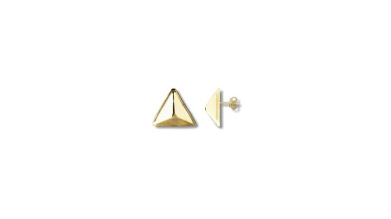 Gold plated Terminal Geometry earrings by Milan Stamenovic from the MILIUS Collection, minimalist triangular earrings exploring pure form, light reflection, and sculptural restraint