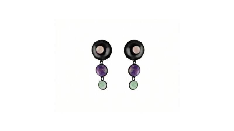 Black varnish Dual Witness earrings with matte surface and contrasting gemstone elements