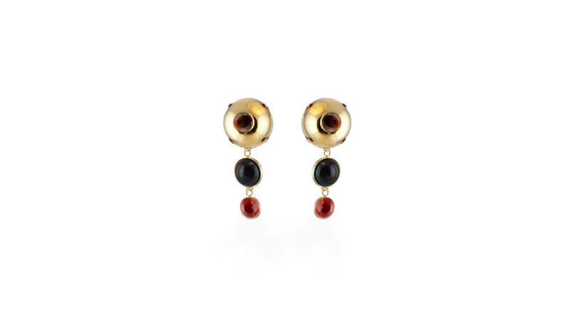 Gold plated Dual Witness earrings with warm metallic surface and suspended stone composition