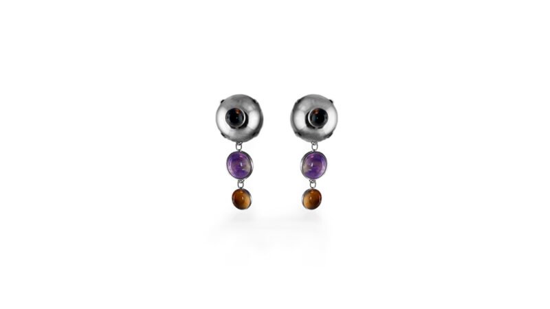 Palladium plated Dual Witness earrings with cool metallic tone and articulated stone drops