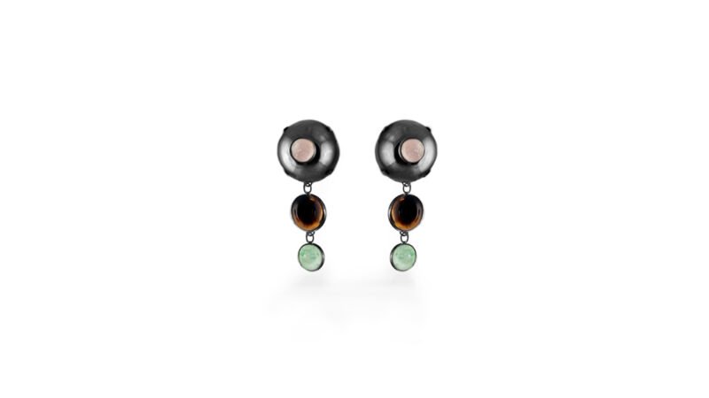 Ruthenium plated Dual Witness earrings with dark reflective surface and suspended stones from Milius Act IV Crescendo