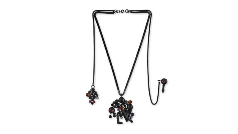 Black varnish sculptural necklace with articulated pendants, MILIUS Act IV Piece 01 Accumulated Weight