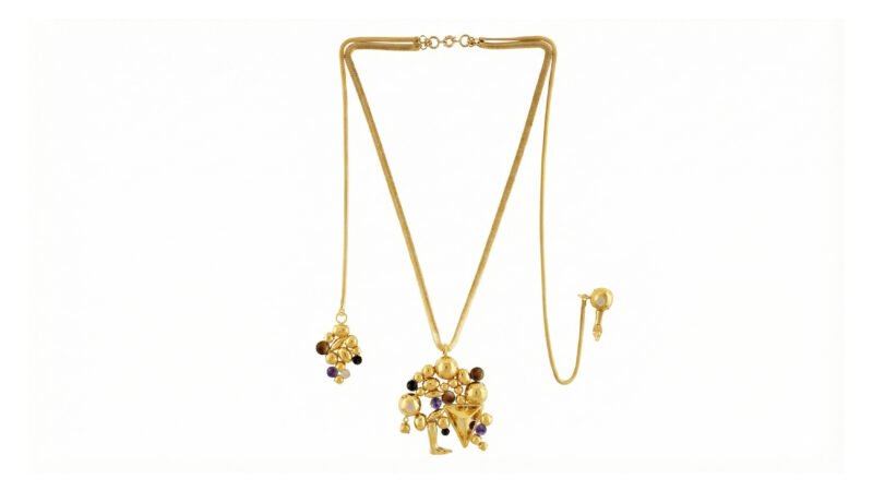 Gold-plated sculptural necklace with clustered pendants, MILIUS Act IV Piece 01 Accumulated Weight
