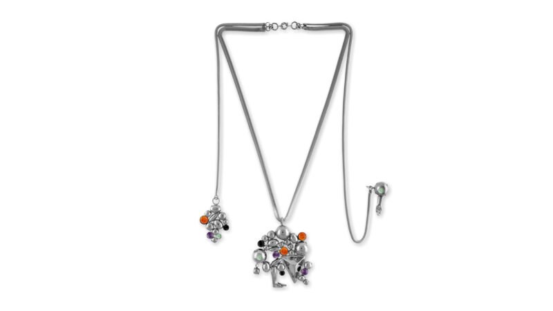 Palladium-plated sculptural necklace with clustered pendants, MILIUS Act IV Piece 01 Accumulated Weight