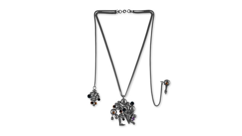 Ruthenium-plated sculptural necklace with darkened metallic surface, MILIUS Act IV Piece 01 Accumulated Weight