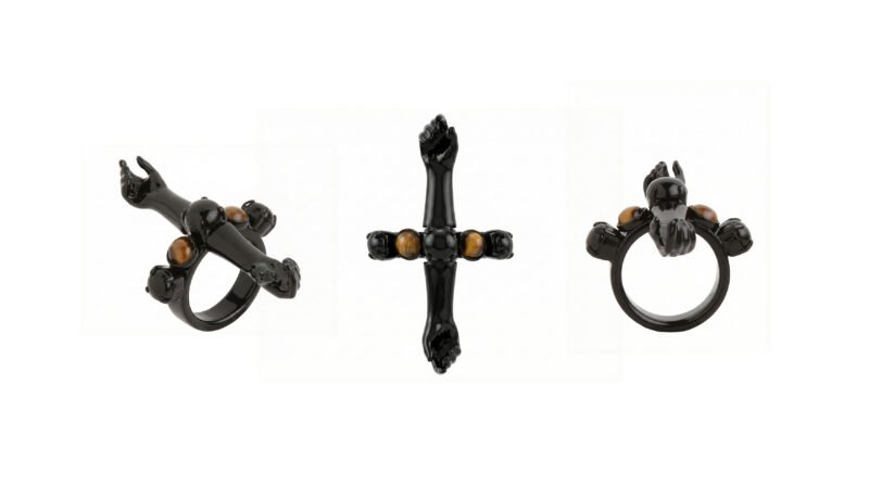 MILIUS INTERSECTION ring, multiple views in black varnish with tiger’s eye stones.