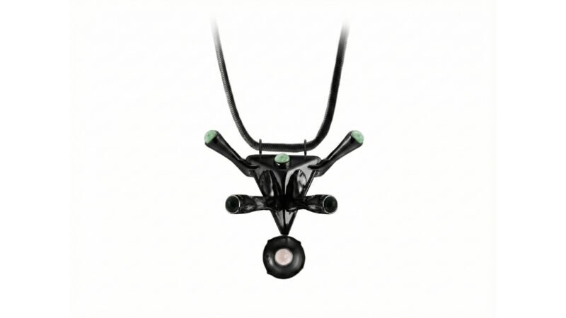 AXIS pendant by Milius for Luisa Via Roma, featuring raised limbs and inlaid gemstones, front view.