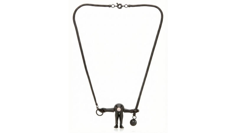 FIGURE necklace from Milius exclusive for Luisa Via Roma, black glossy varnish with rose quartz and onyx elements.