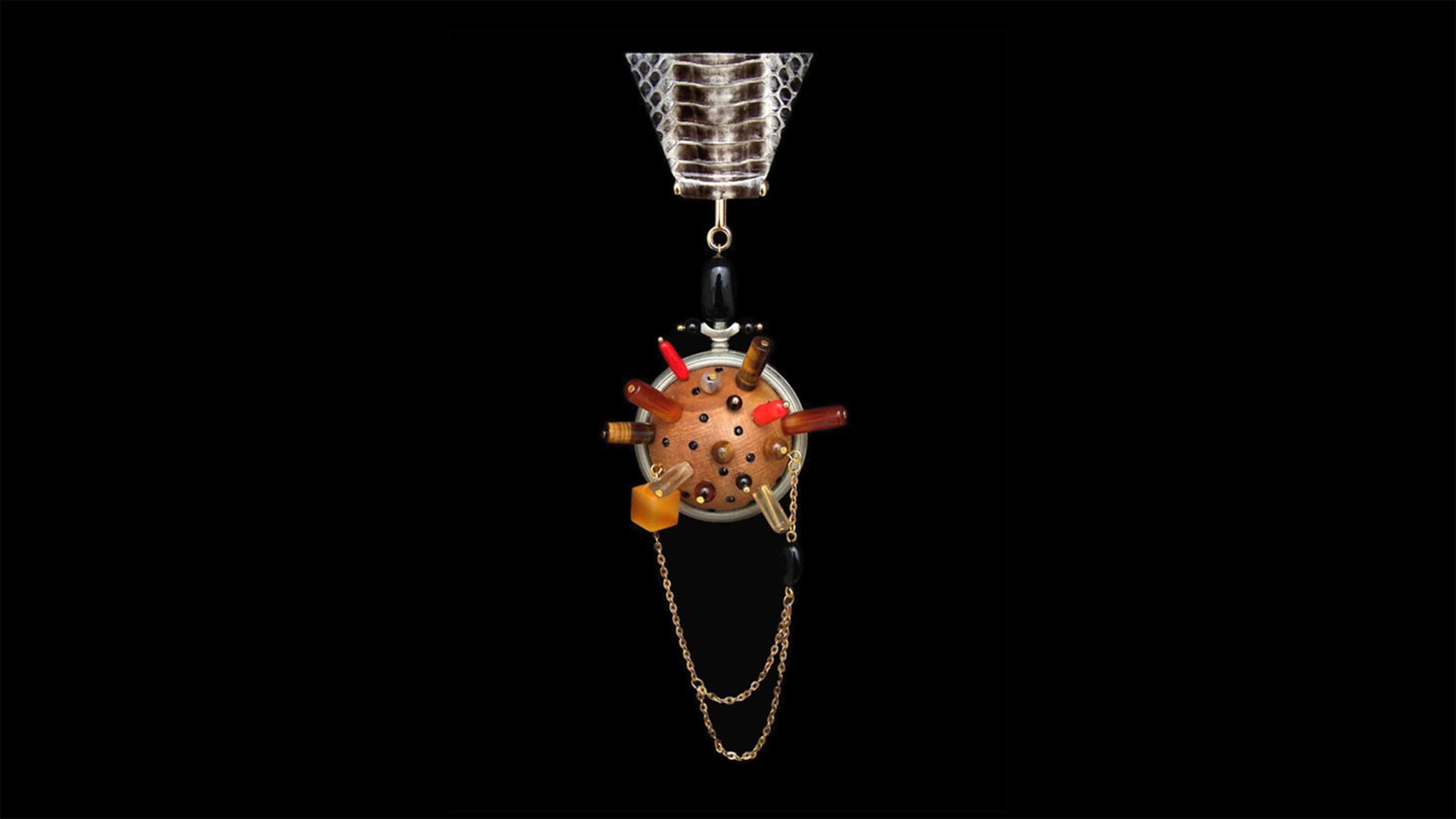 Time Collection Series III jewelry piece 3 isolated on black background, geometric wearable time sculpture
