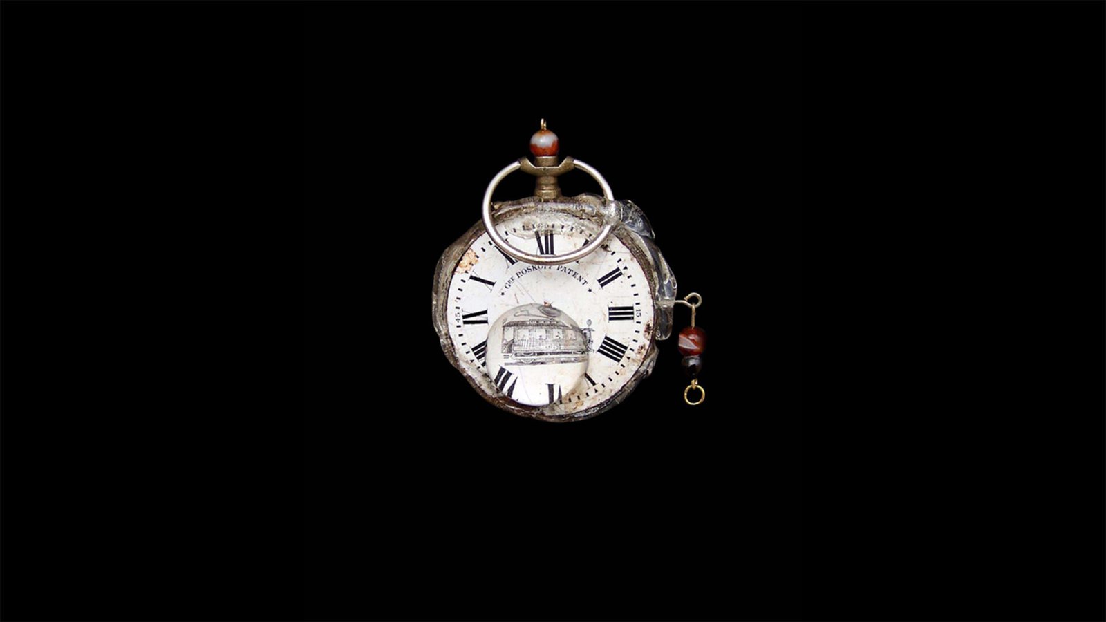Time Collection Series III jewelry piece 7 isolated on black background, sculptural time-based wearable object