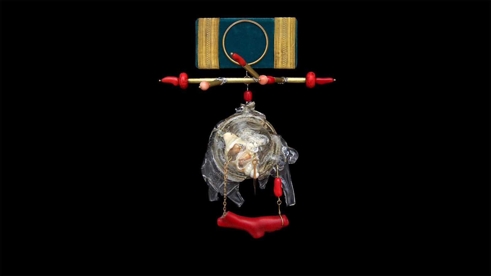 Time Collection Series I jewelry piece 3 isolated on black background, suspended wearable object exploring early time measurement