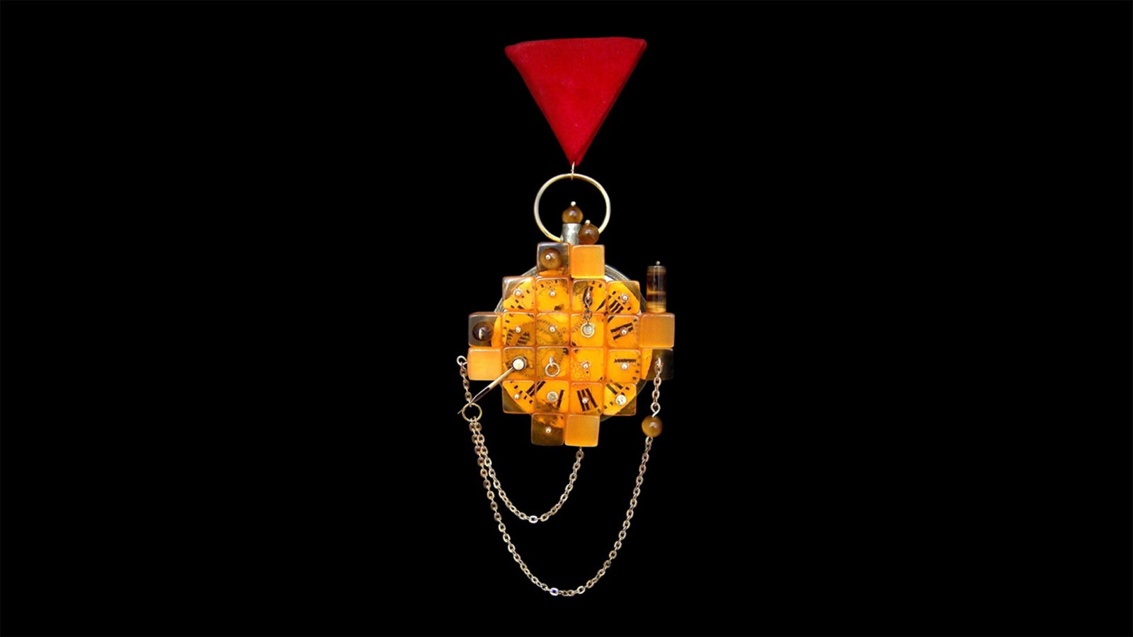 Time Collection Series III jewelry piece 1 isolated on black background, sculptural wearable object exploring precision, tension, and measured time