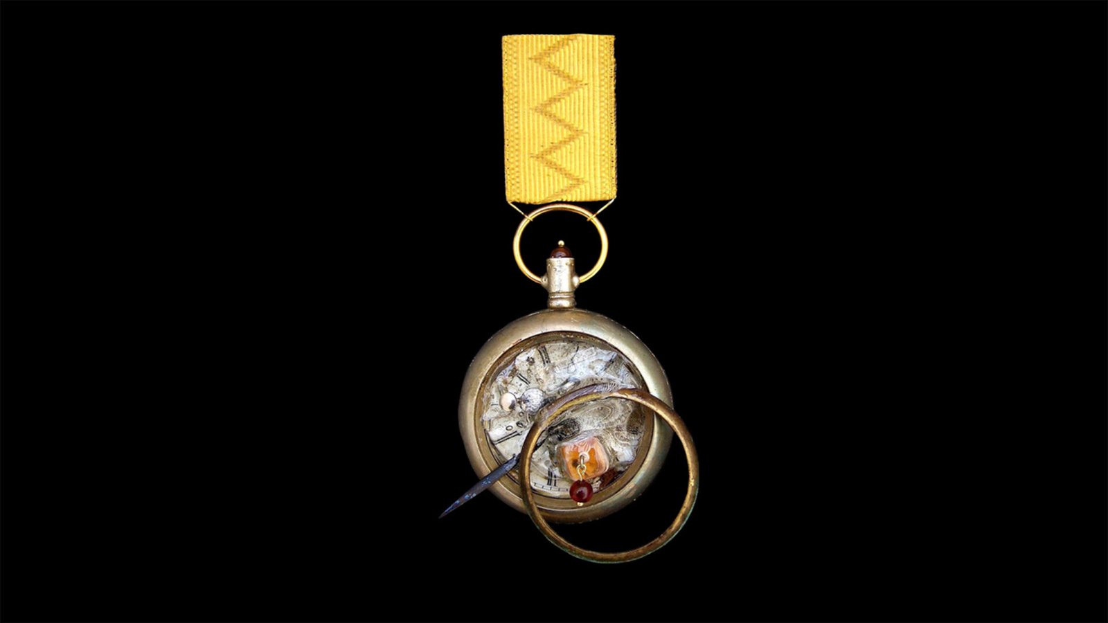 Time Collection Series V jewelry piece 4 isolated on black background, sculptural wearable time object