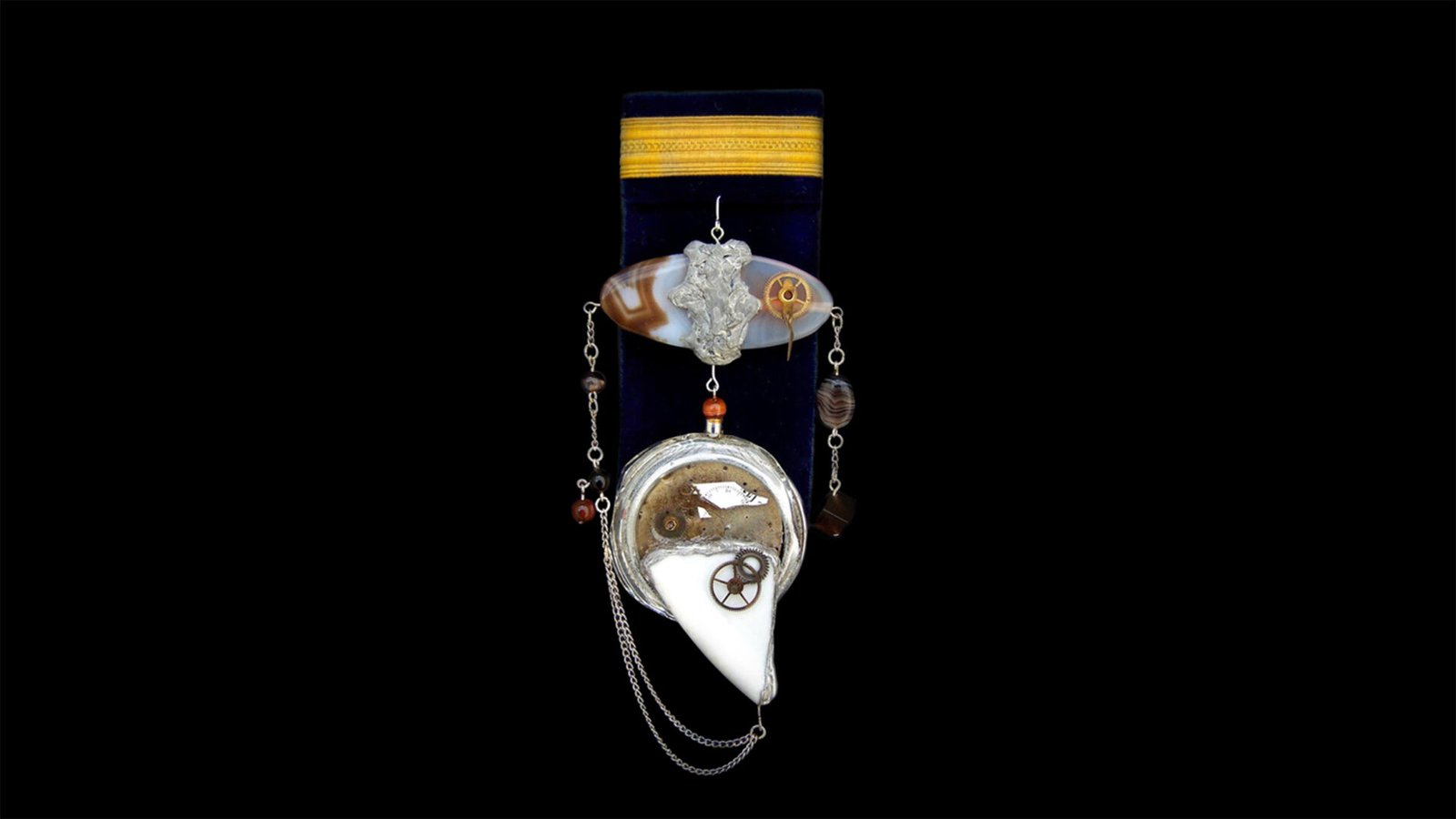 Time Collection Series I jewelry piece 1 isolated on black background, foundational wearable time object with mechanical and symbolic elements