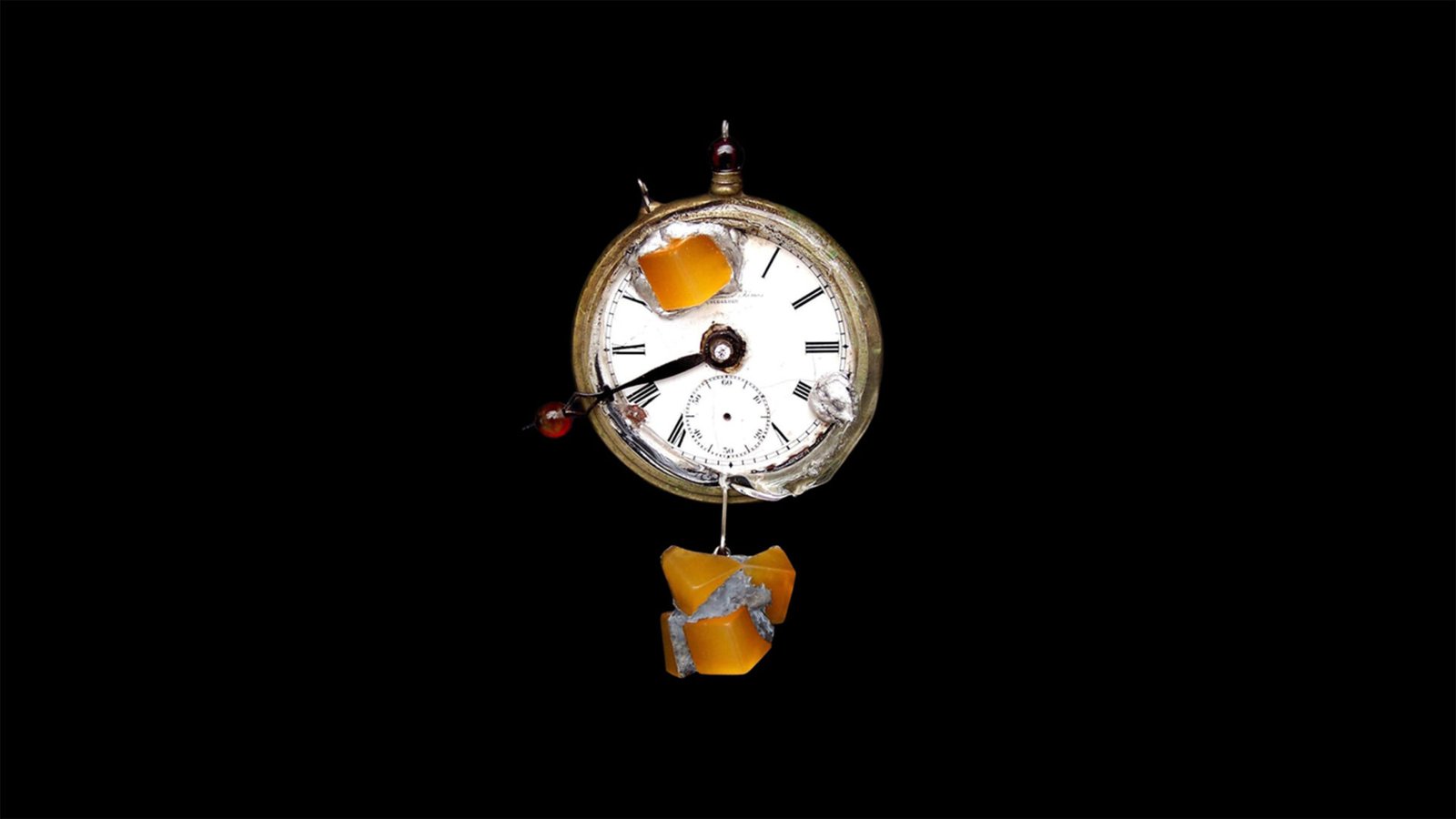 Time Collection Series V jewelry piece 6 isolated on black background, contemporary time-based object
