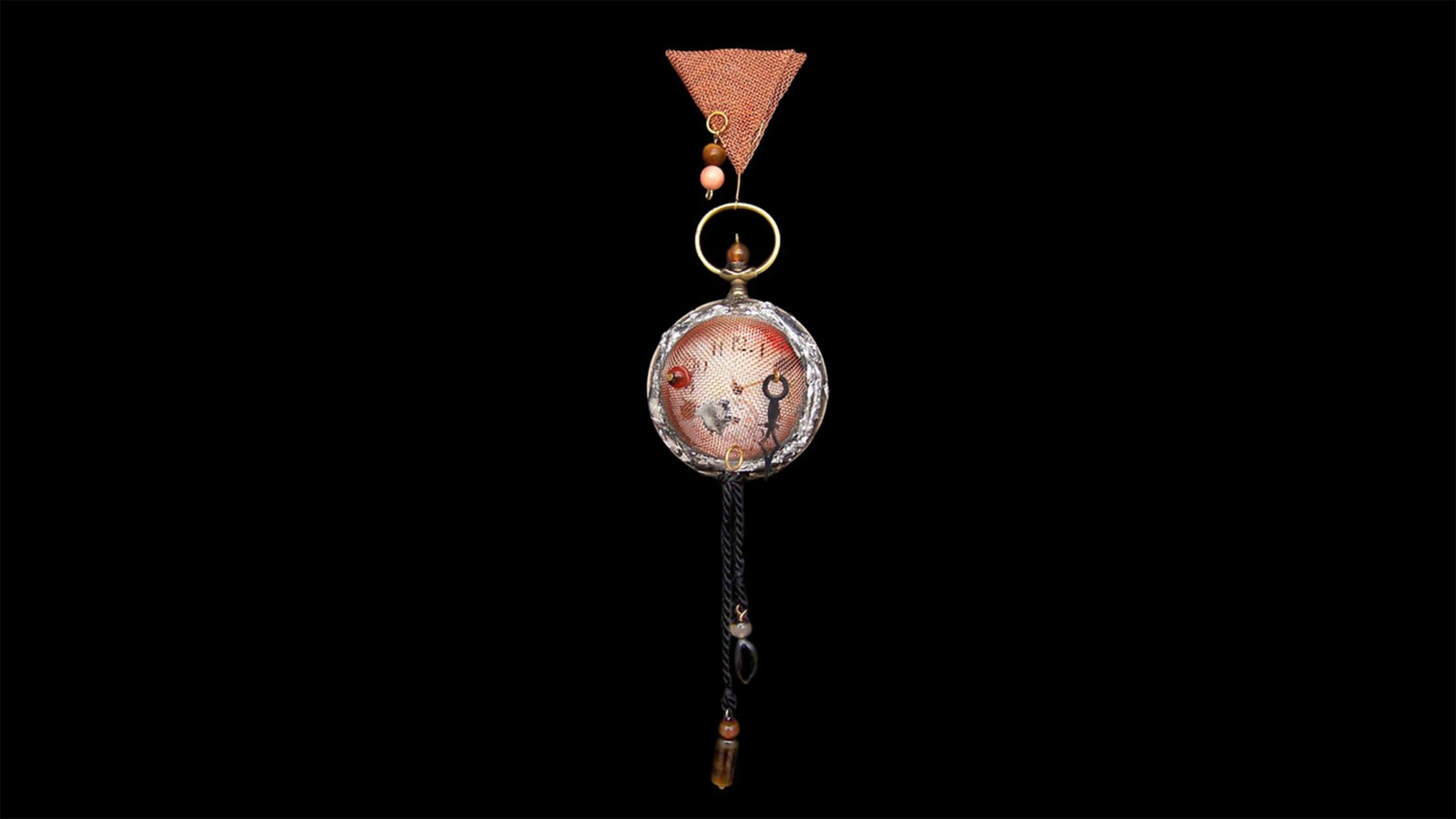 Time Collection Series III jewelry piece 2 isolated on black background, mechanical wearable sculpture