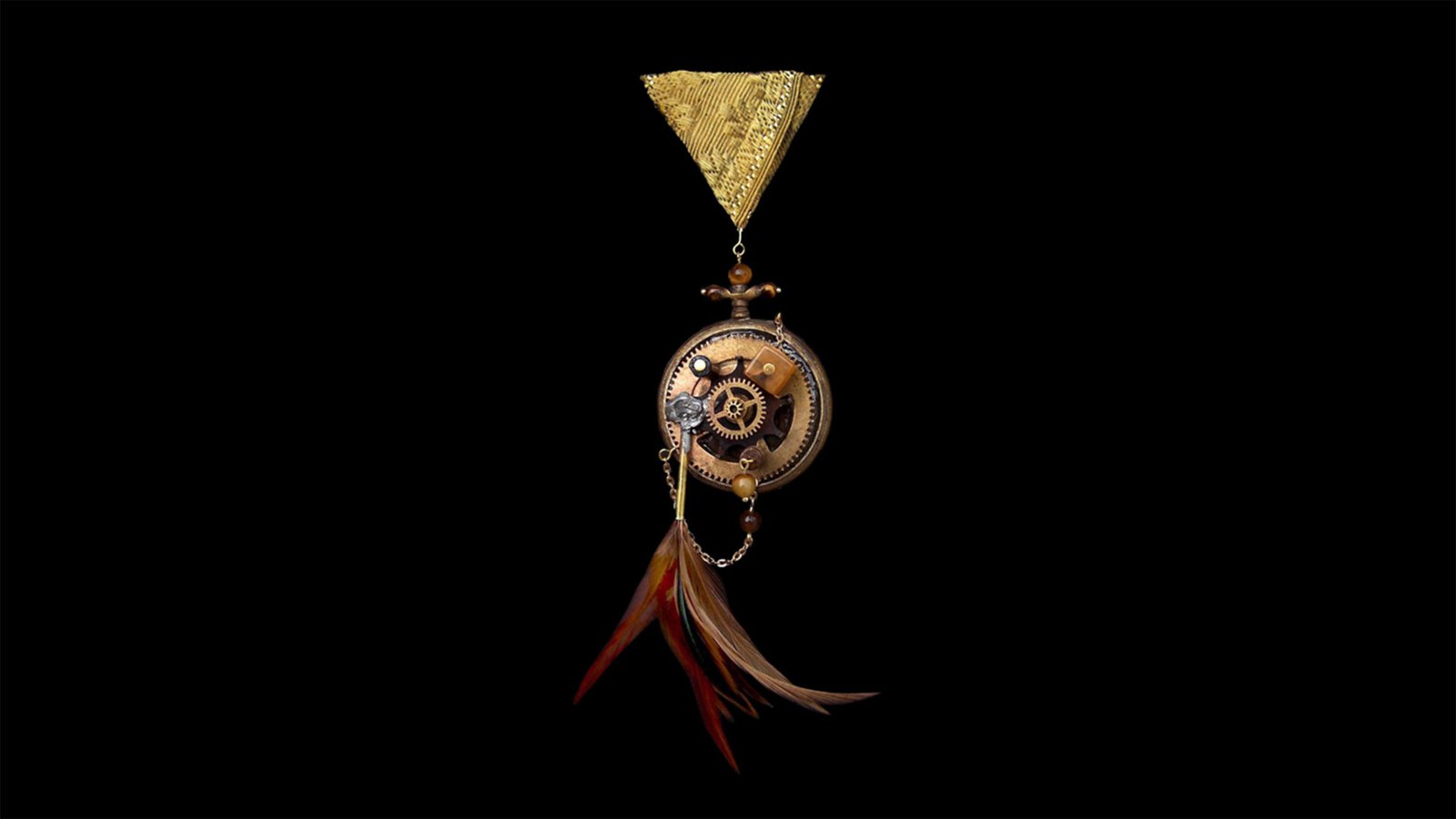 Time Collection Series V jewelry piece 2 isolated on black background, mechanical wearable sculpture exploring time and decay