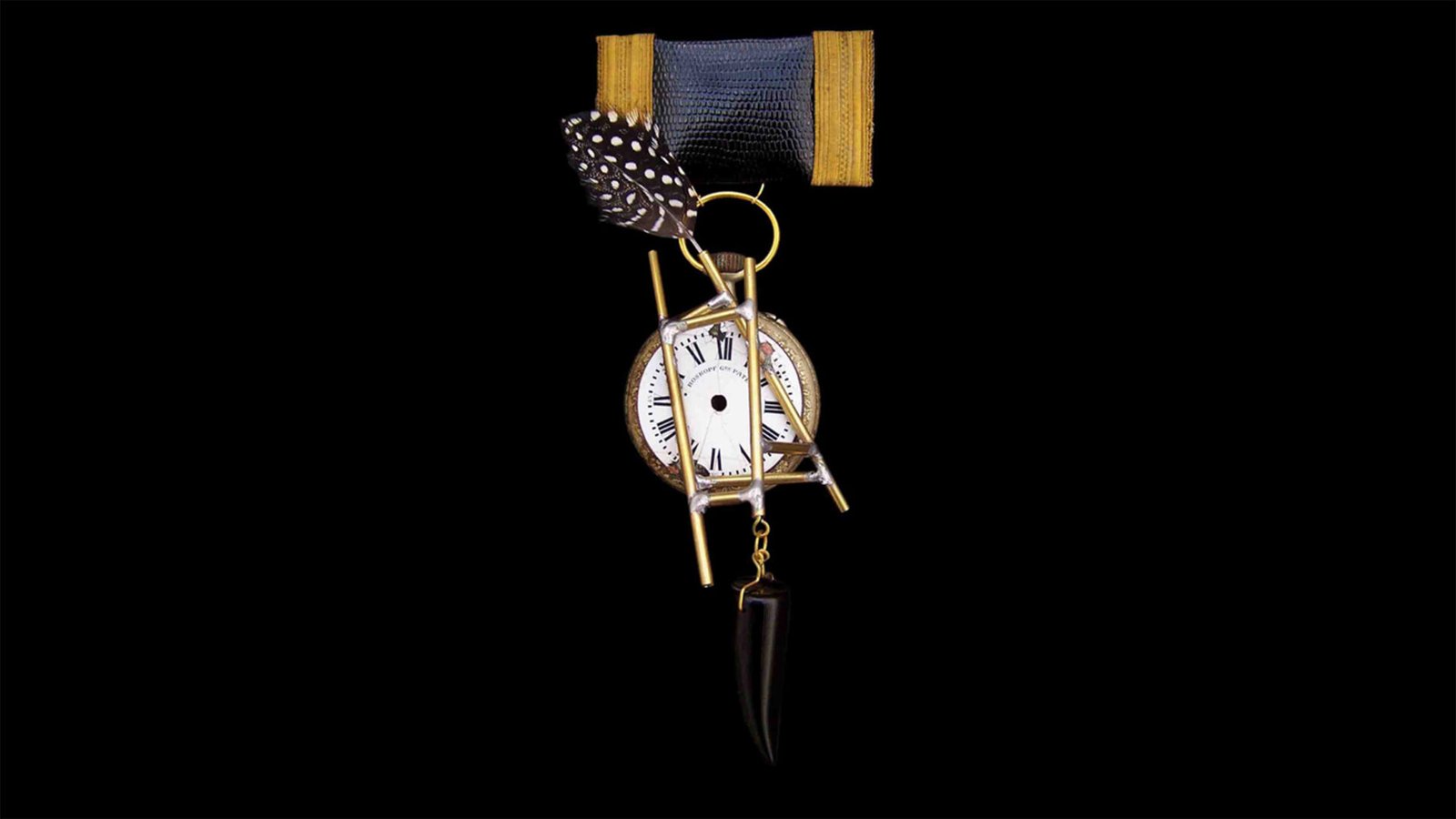 Time Collection Series I jewelry piece 2 isolated on black background, early wearable time sculpture with layered symbolism