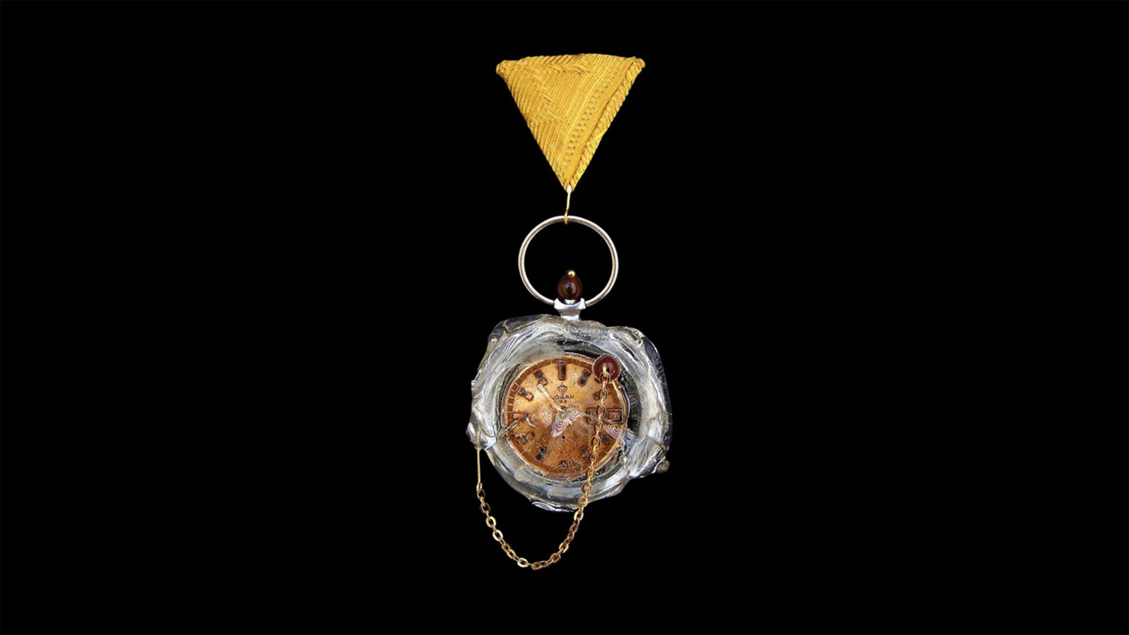 Time Collection Series V jewelry piece 1 presented against black background, sculptural contemporary time-based wearable art with mechanical and material tension