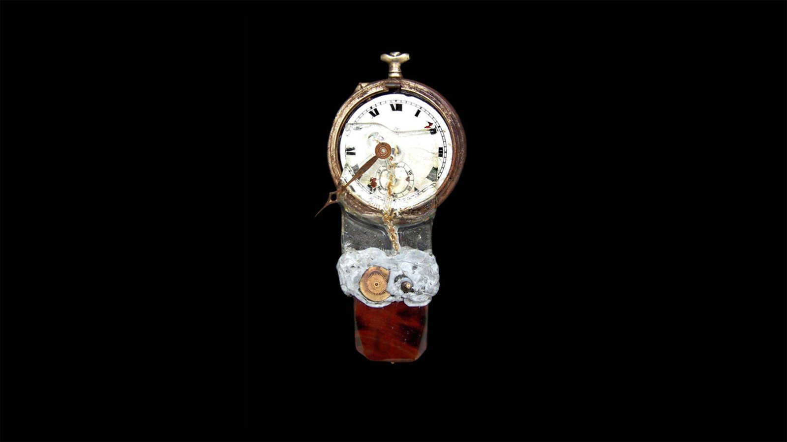 Time Collection Series III jewelry piece 6 isolated on black background, mechanical wearable sculpture
