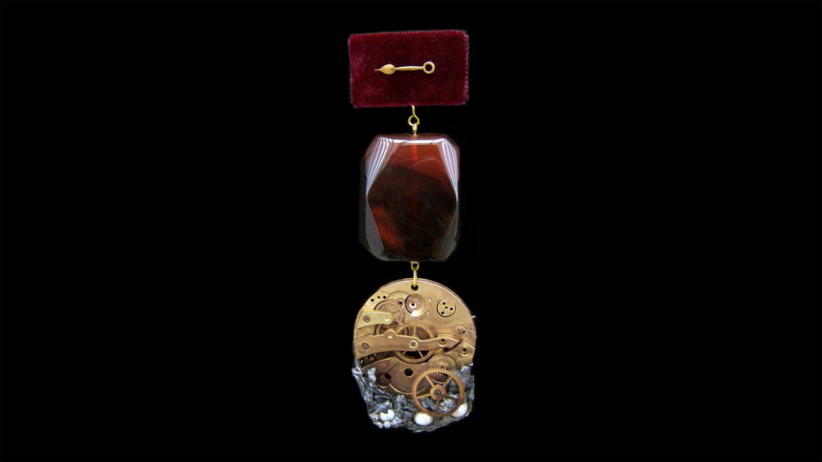 Time Collection Series III jewelry piece 4 isolated on black background, cross-structured wearable time object