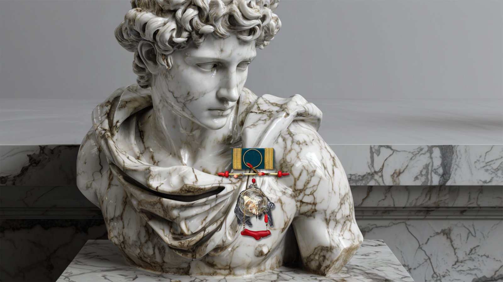 Uncropped master image of Time Collection Series I showing a classical marble sculpture wearing a handmade pin-object that introduces time as suspension and awareness.