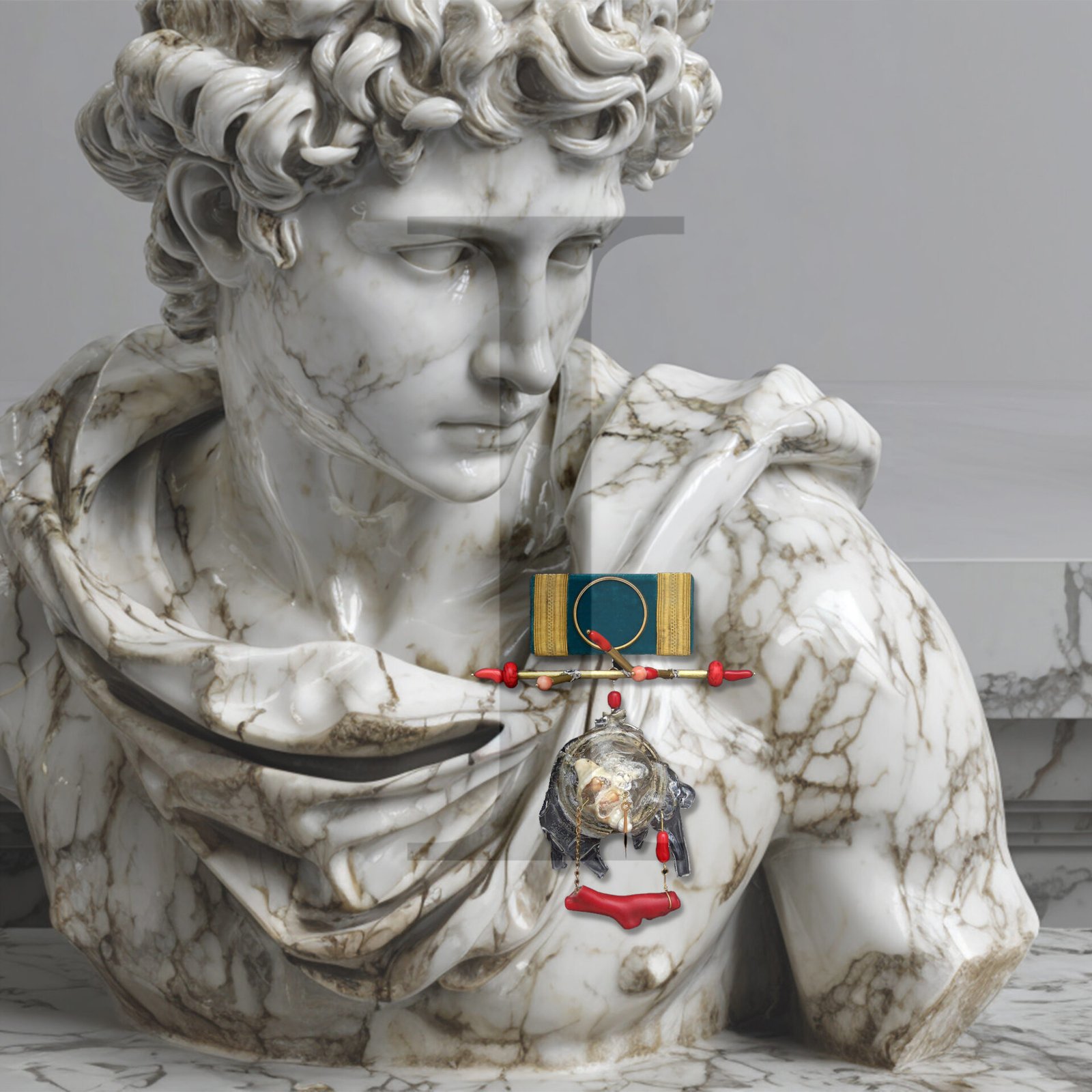 Classical sculptural bust with applied jewellery element exploring the origin of form and the first emergence of time in material culture.