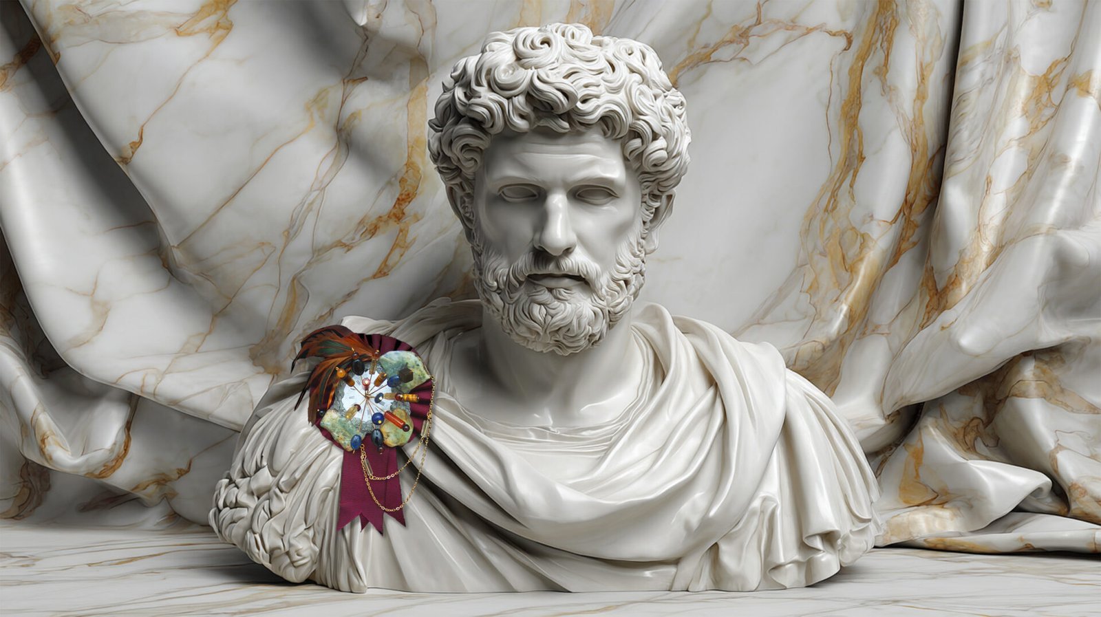Handmade pin from Time Collection Series II photographed as a single object on greco roman bust