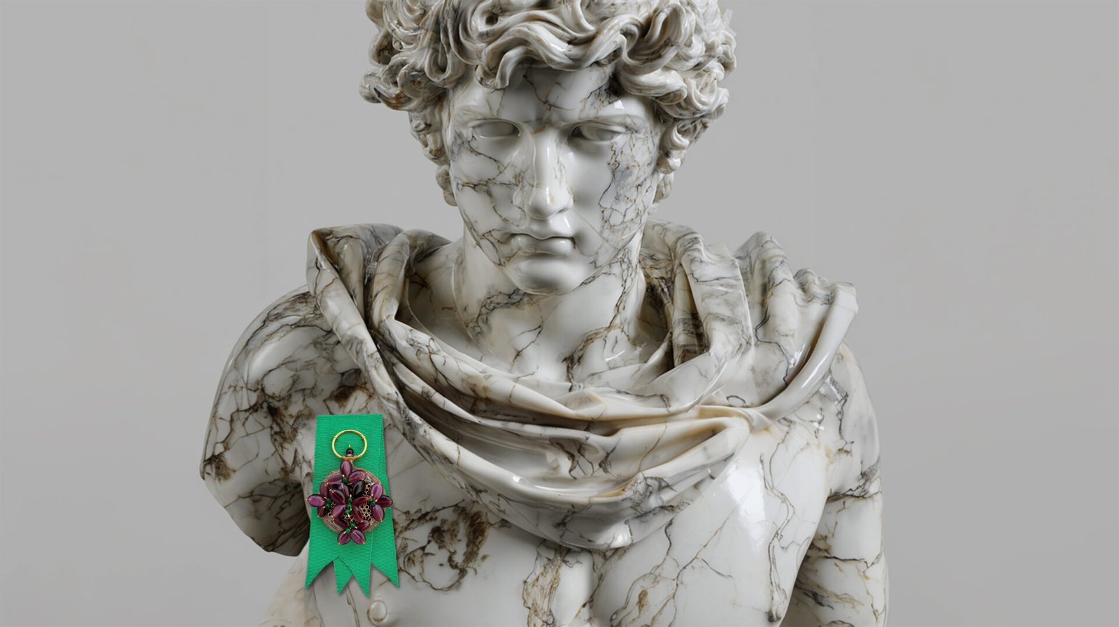 Handmade pin from Time Collection Series II shown as adoration piece on still marble bust
