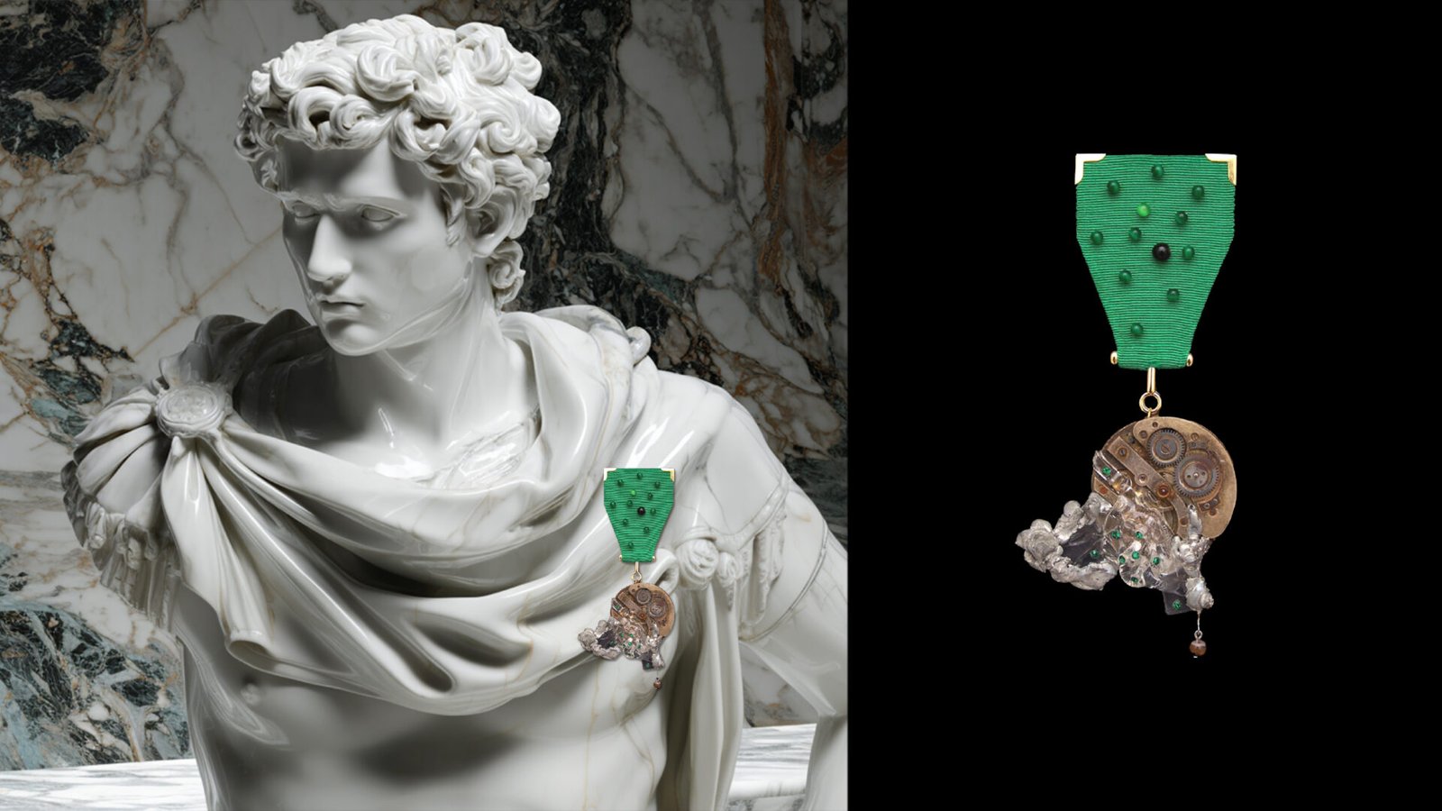 Time Collection Series II jewelry piece 4 combined marble sculpture and black background presentation