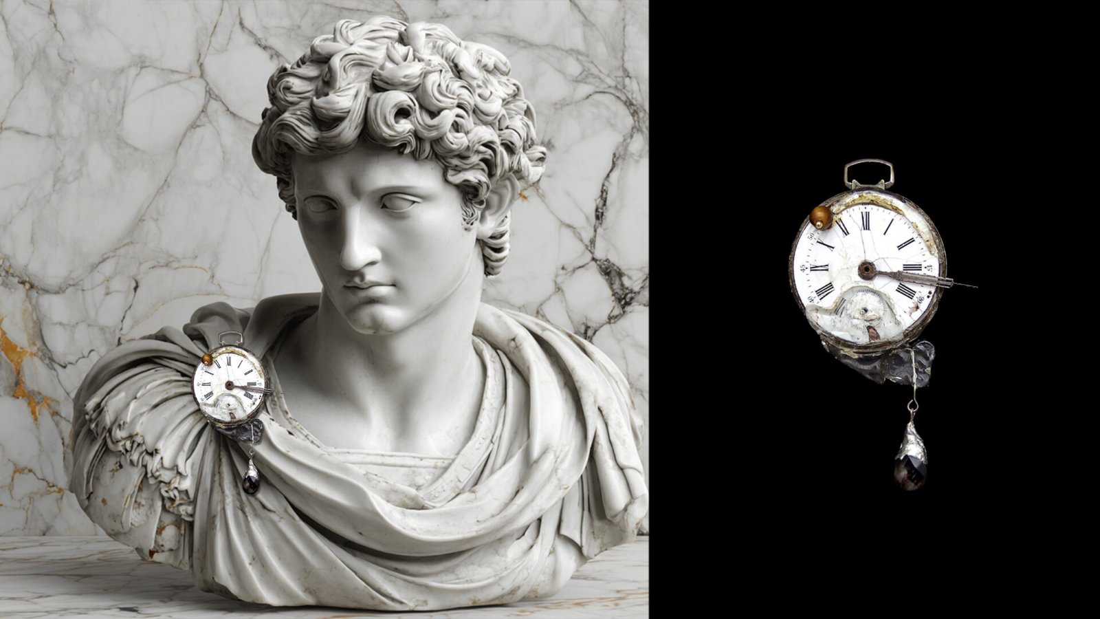 Detail of Time Collection Series II pin with clock mechanism elements