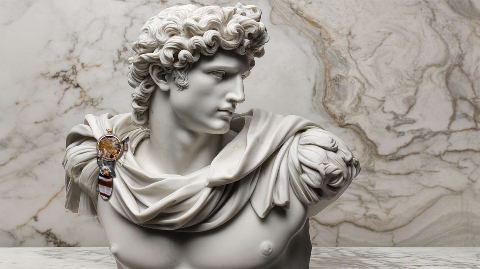 Handmade pin from Time Collection Series II presented on veined marble male warrior bust