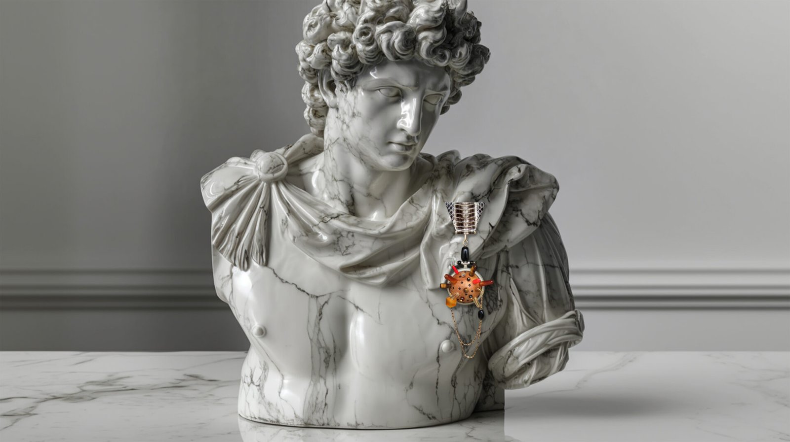Uncropped master image of Time Collection Series III showing a marble sculpture wearing a complex pin-object that reflects the fragmentation and instability of time.