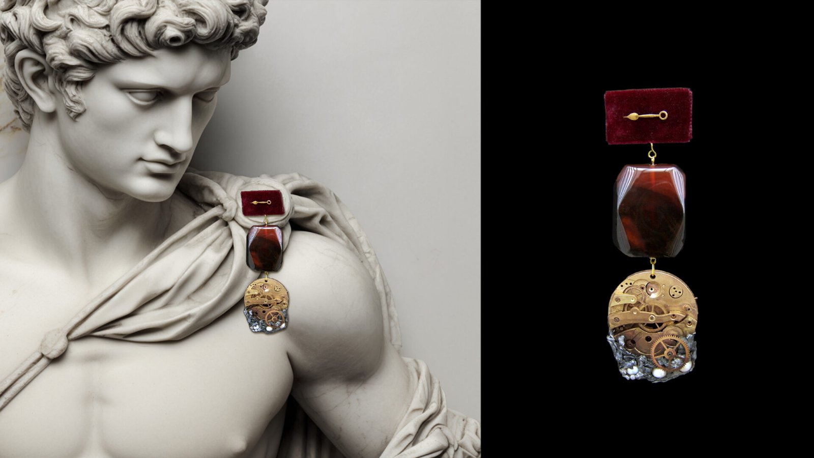 Time Collection Series III jewelry piece 4 combined marble sculpture and black background presentation