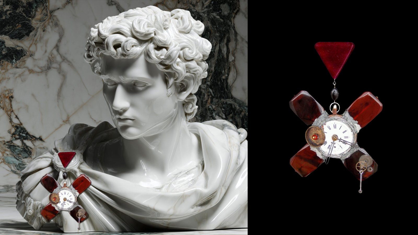 Time Collection Series III jewelry piece 5 combined marble sculpture and black background composition