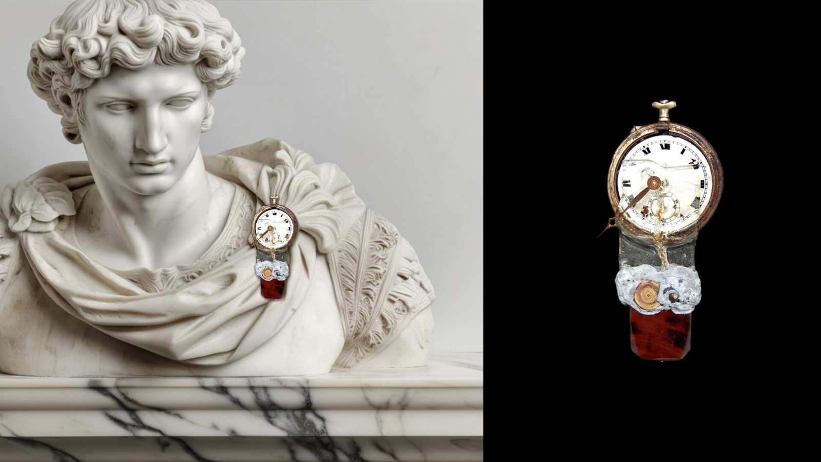 Time Collection Series III jewelry piece 6 combined marble context and black background close-up
