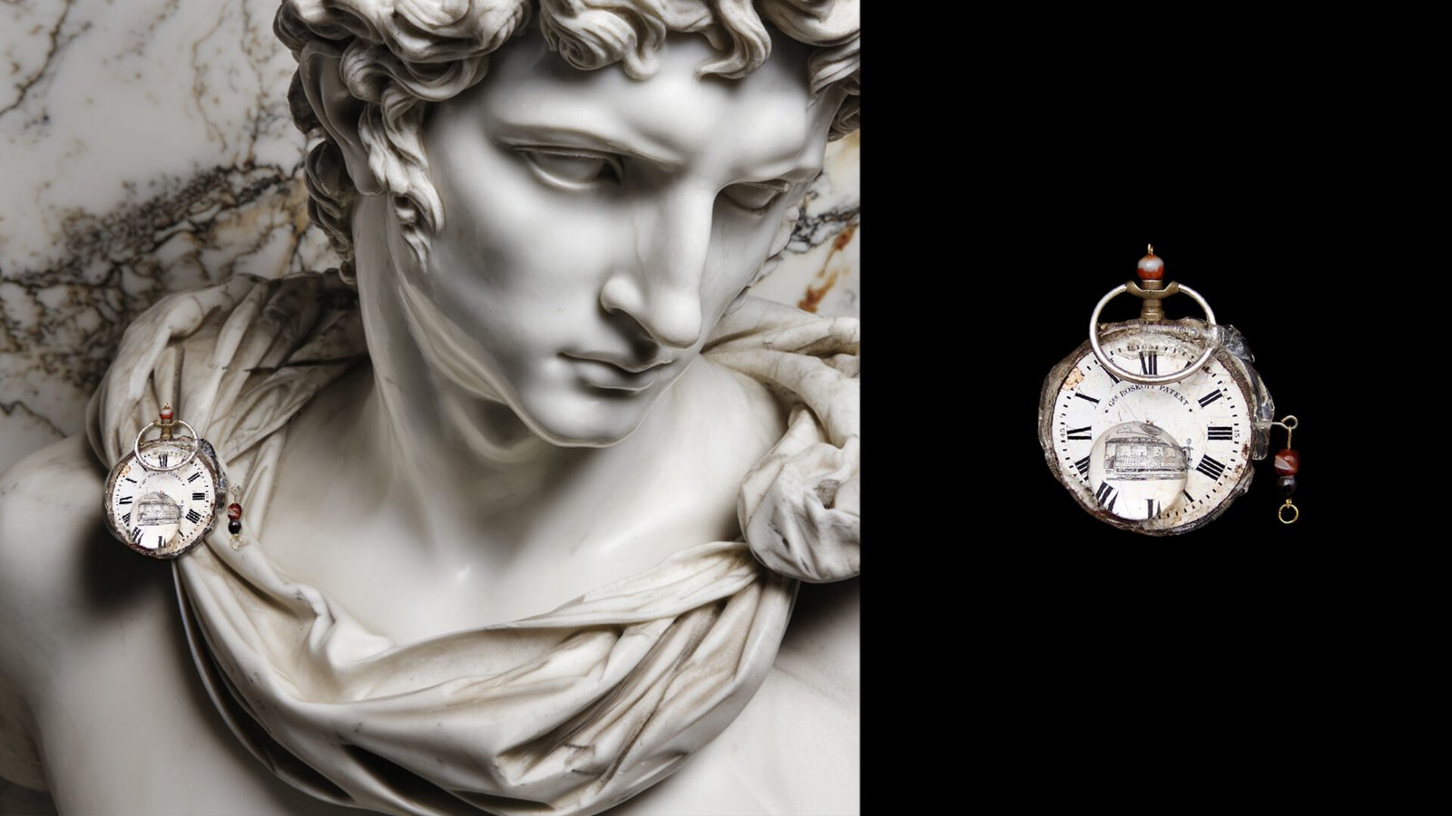 Time Collection Series III jewelry piece 7 combined marble sculpture and black background presentation