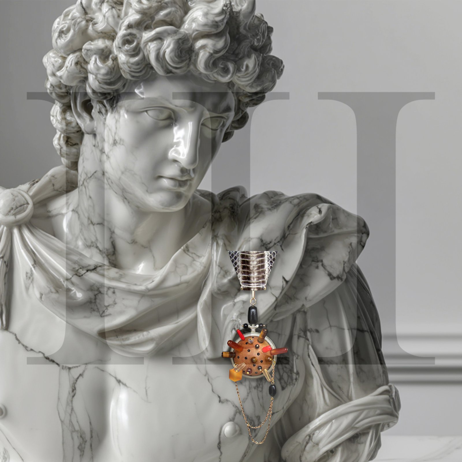 Classical-inspired sculptural portrait featuring a symbolic jewellery element exploring time as cultural transmission.