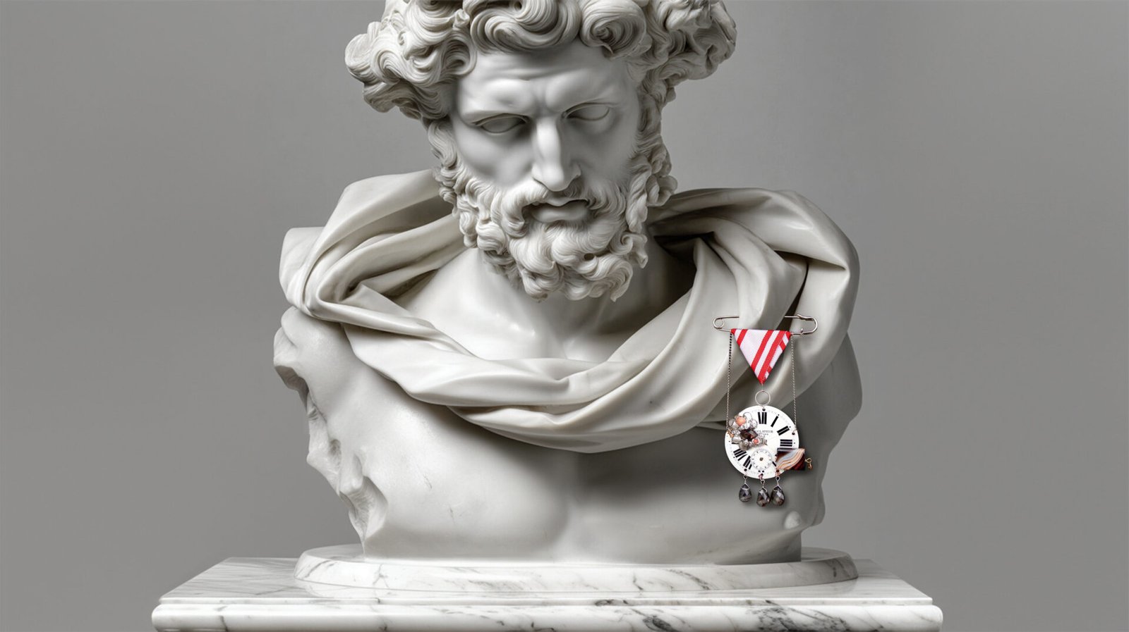 Uncropped master image of Time Collection Series IV showing a marble sculpture wearing a structured pin-object that reflects time as order, regulation, and measure.