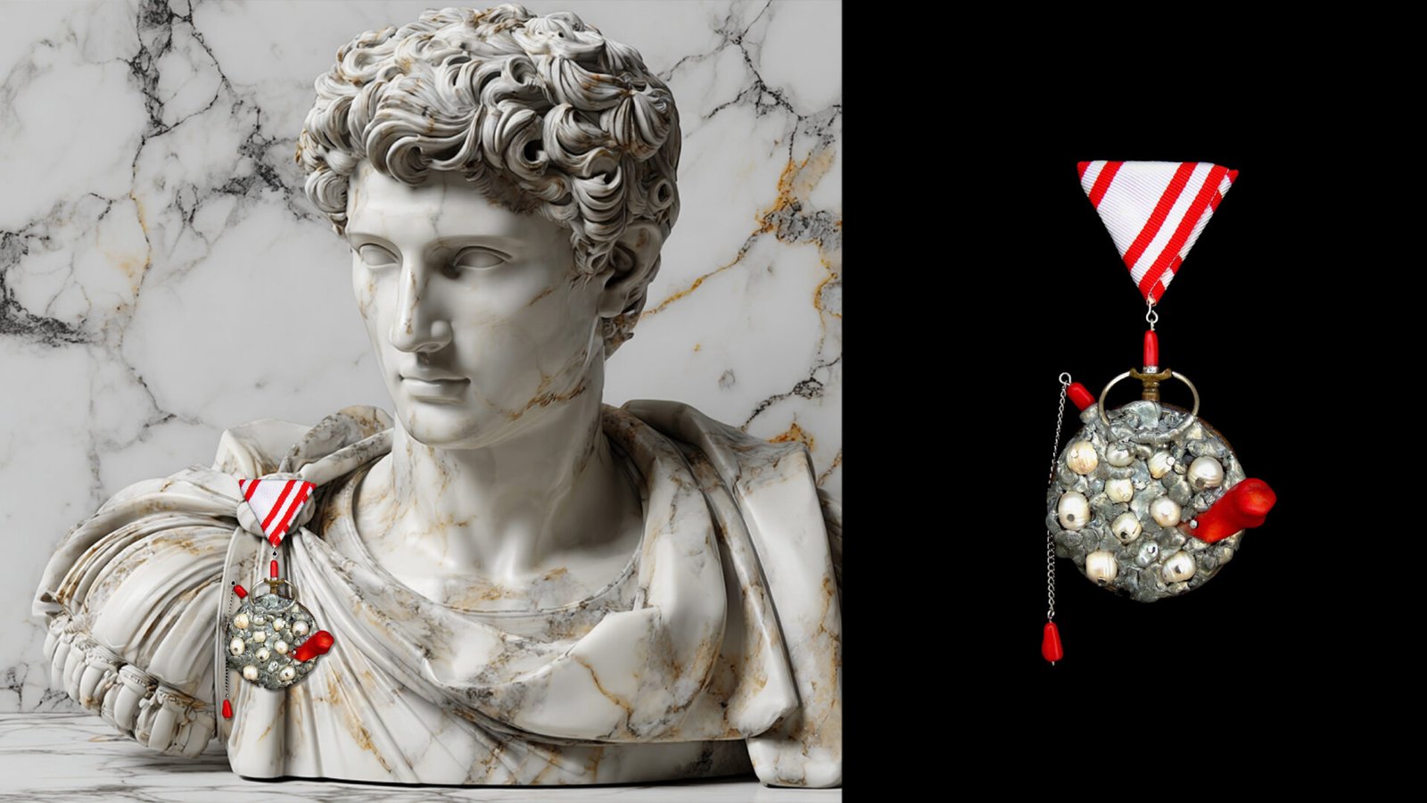 Time Collection Series IV jewelry piece 1 combined view with marble sculpture context and black background detail