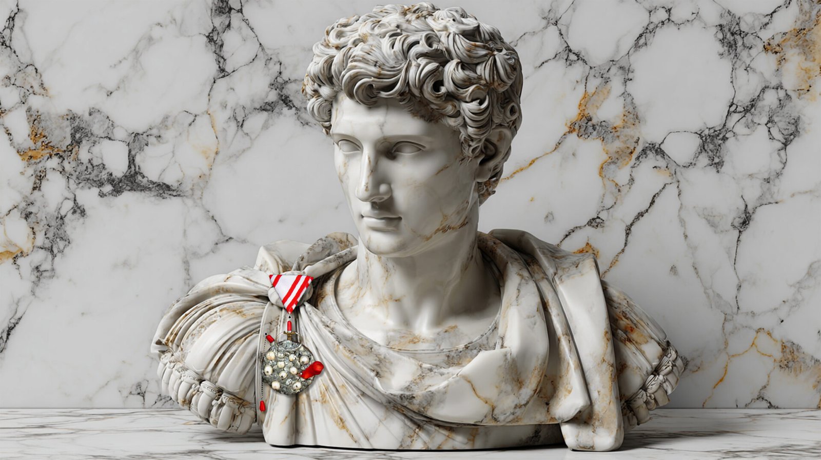 Time Collection Series IV jewelry piece 1 displayed on marble sculpture, wearable time artifact in dialogue with classical form
