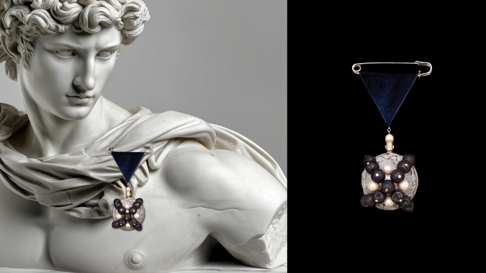 Time Collection Series IV jewelry piece 2 combined marble sculpture and black background composition