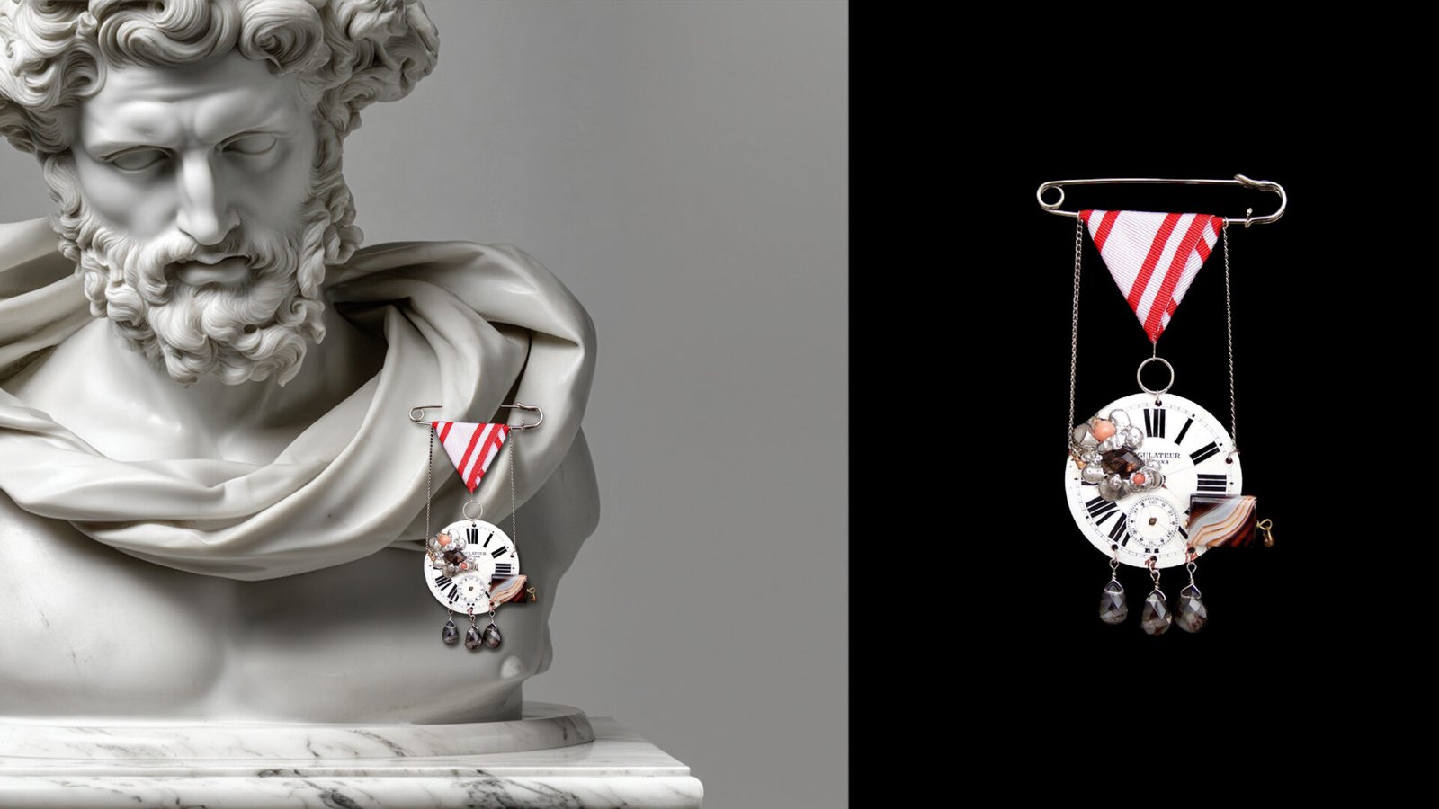 Time Collection Series IV jewelry piece 3 combined view with marble context and black background detail