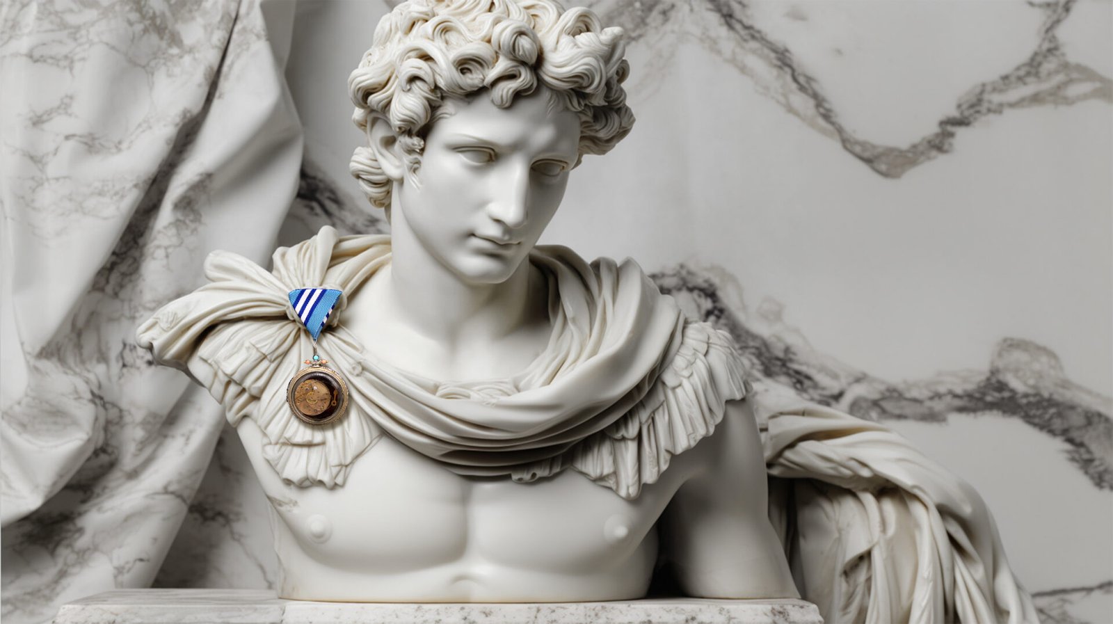 Time Collection Series IV jewelry piece 4 worn on marble sculpture, dialogue between gravity and permanence