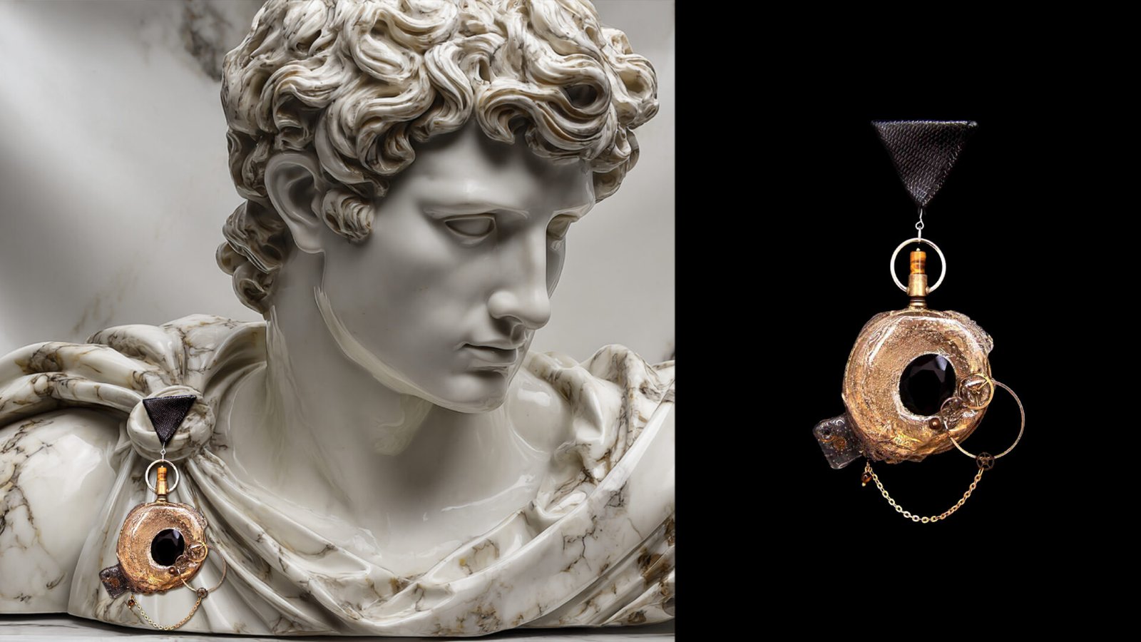 Time Collection Series IV jewelry piece 5 combined view with marble sculpture and black background detail